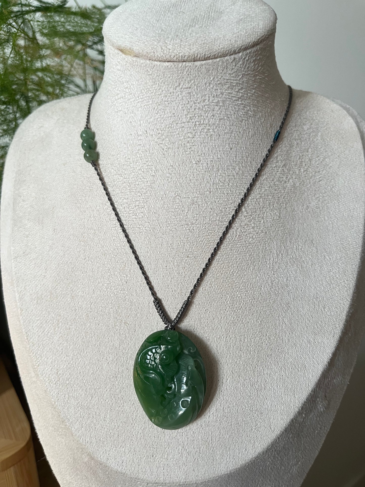 Hand Carved Green Hetian Jade Koi Fish and Lotus Leaf | 手雕碧玉白加绿荷叶金鱼