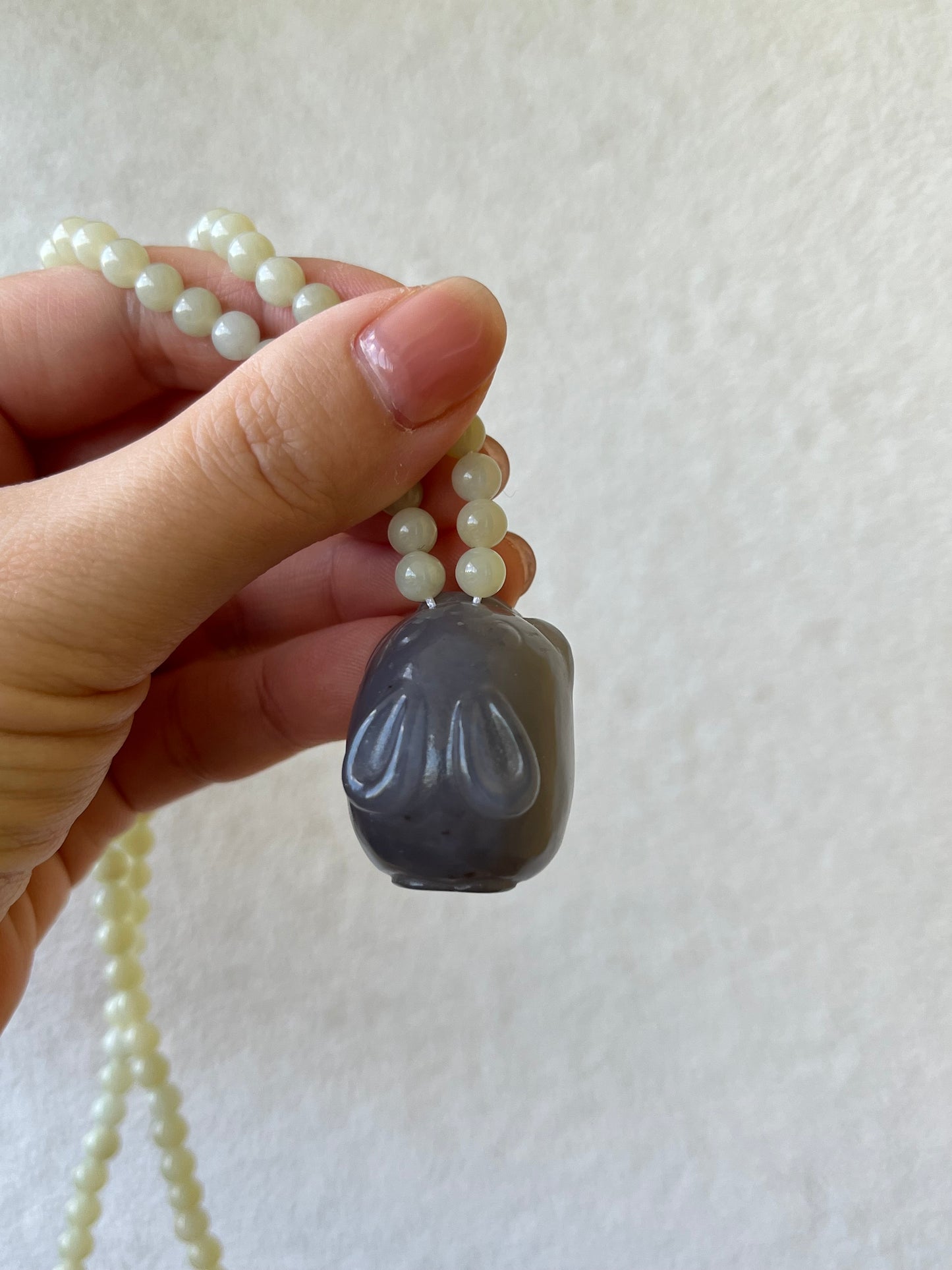 Chinese Zodiac - Handmade Necklace with a Hand Carved Purple Hetian Jade Rabbit and 5mm Hetian Jade Beaded Cord