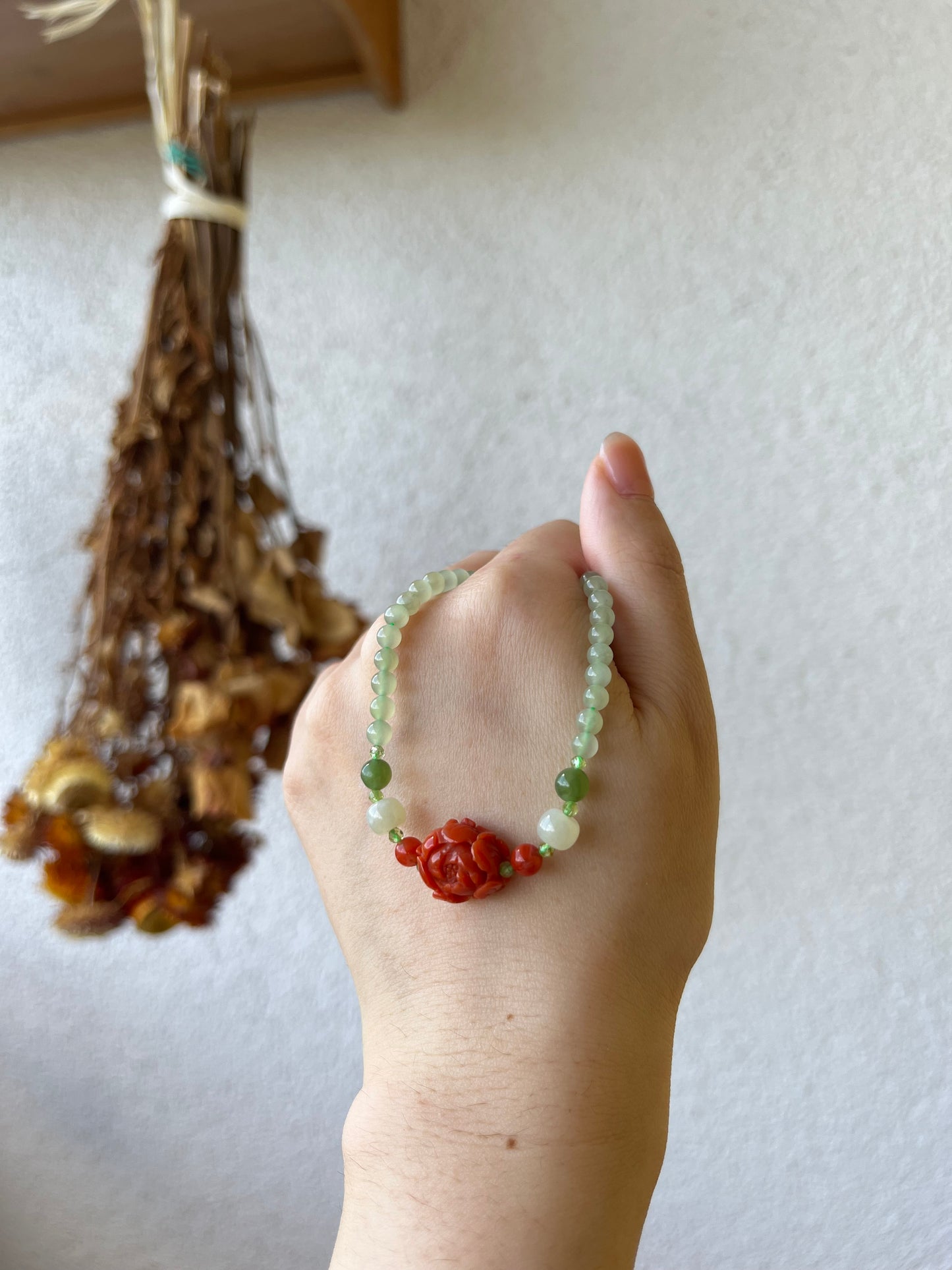 Handmade Necklace with 4mm Nephrite Beads and a Nanhong Agate Peony Flower, 和田冰晴水南红牡丹项链