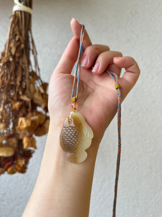 Hand Carved Brown Hetian Jade Fish Pendant