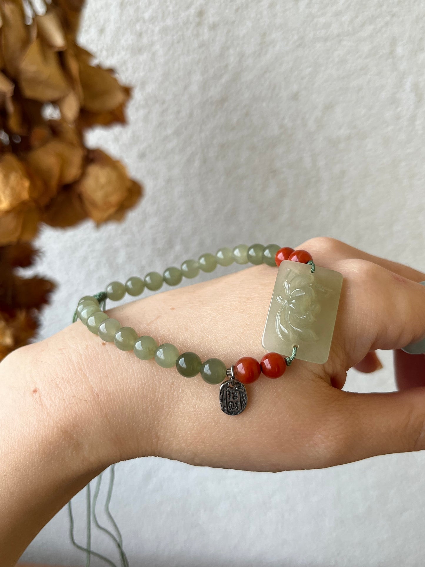 Handmade Hetian Jade Bracelet with a Lotus Pendant