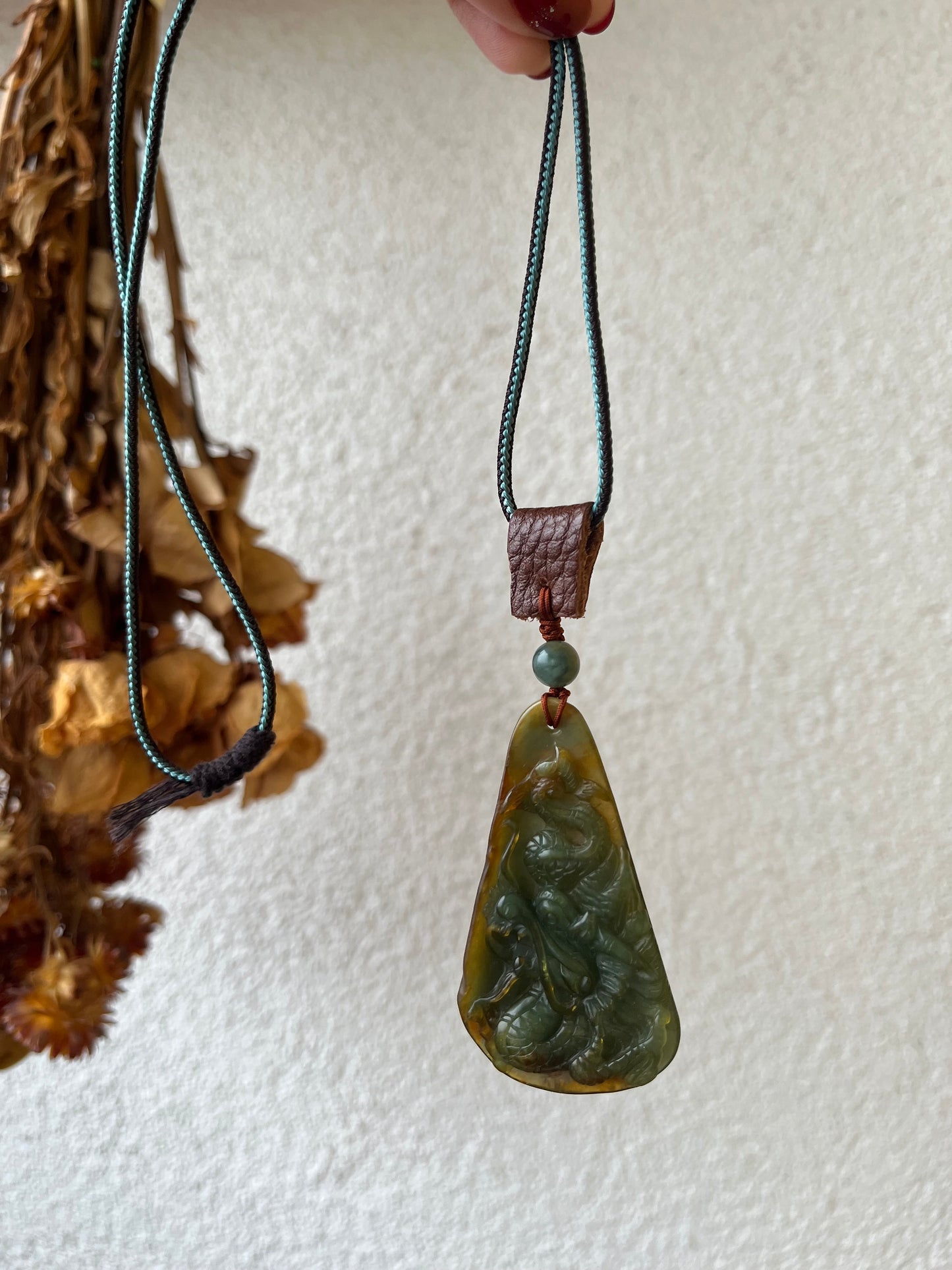 Blue and Brown Xiu Jade Dragon Necklace | 岫玉龙牌