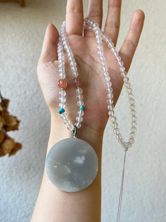 Handmade Necklace with a Purple Hetian Jade Round Shaped Pendant and Moonstone Beaded Cord