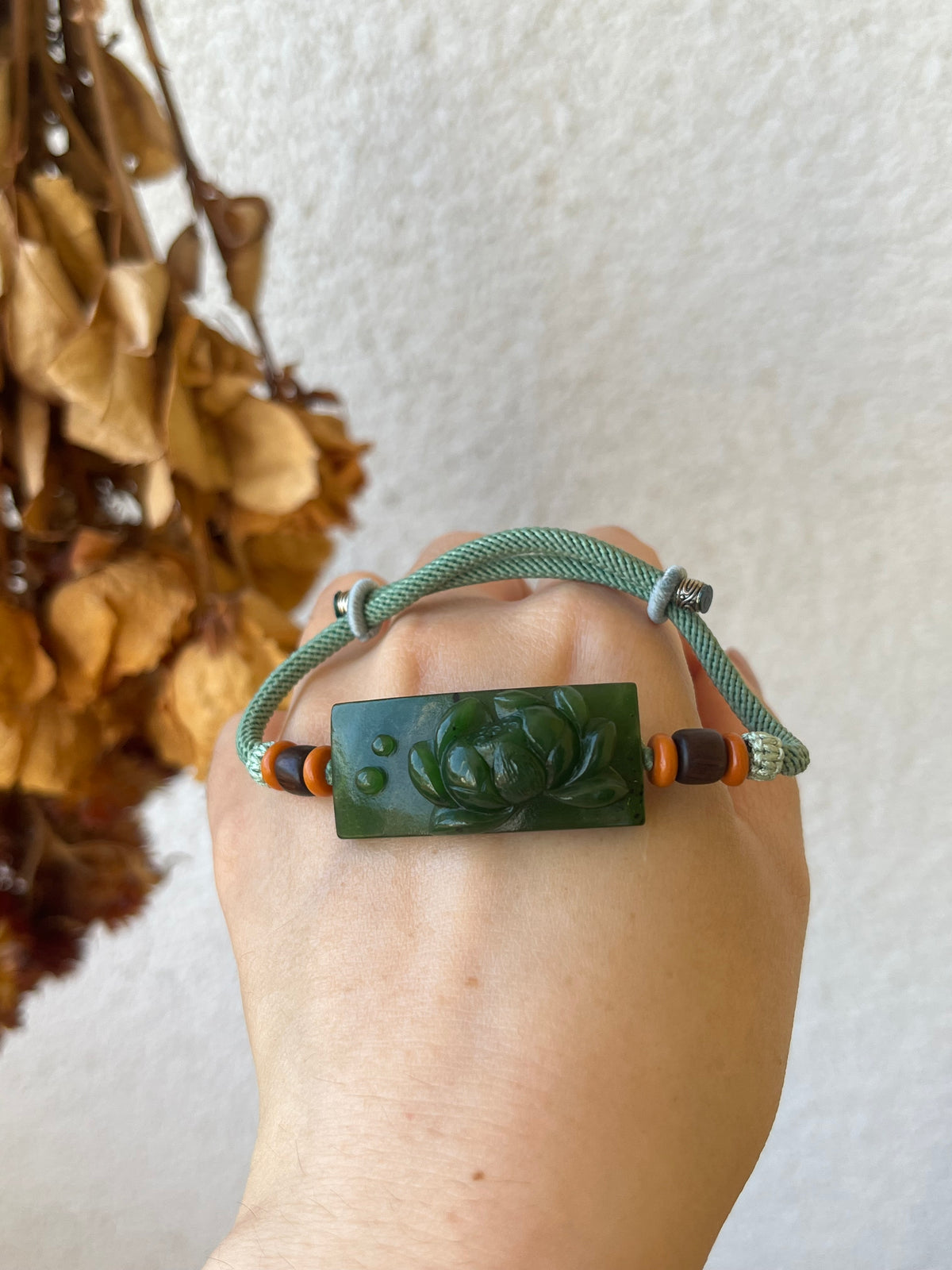 Hand Carved Spinach Green Hetian Jade Lotus Bracelet | 手雕菠菜绿和田碧玉荷花手牌