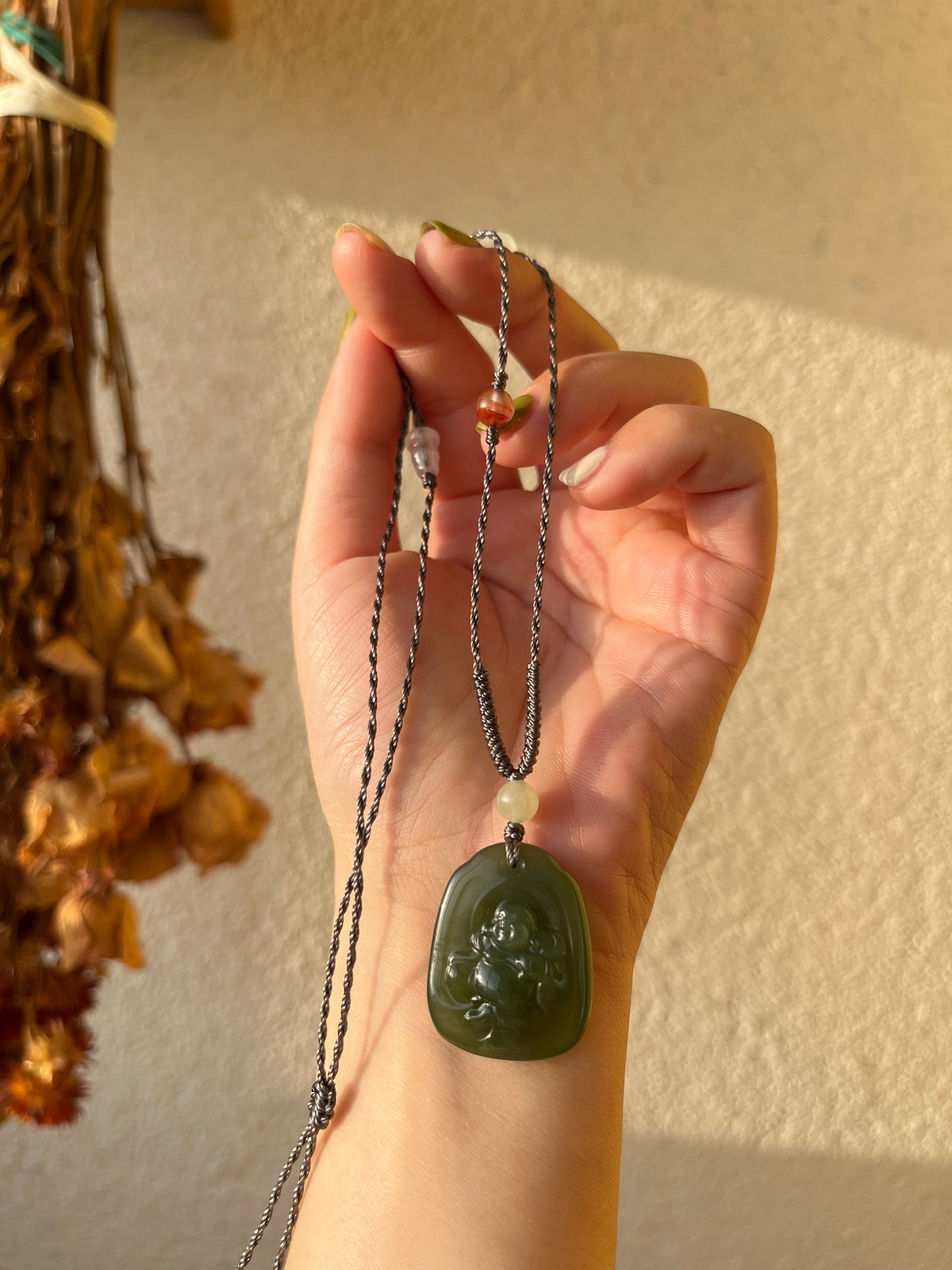Handmade Necklace with A Hetian Green Jade Happy Buddha Pendant，和田湖水绿逍遥佛
