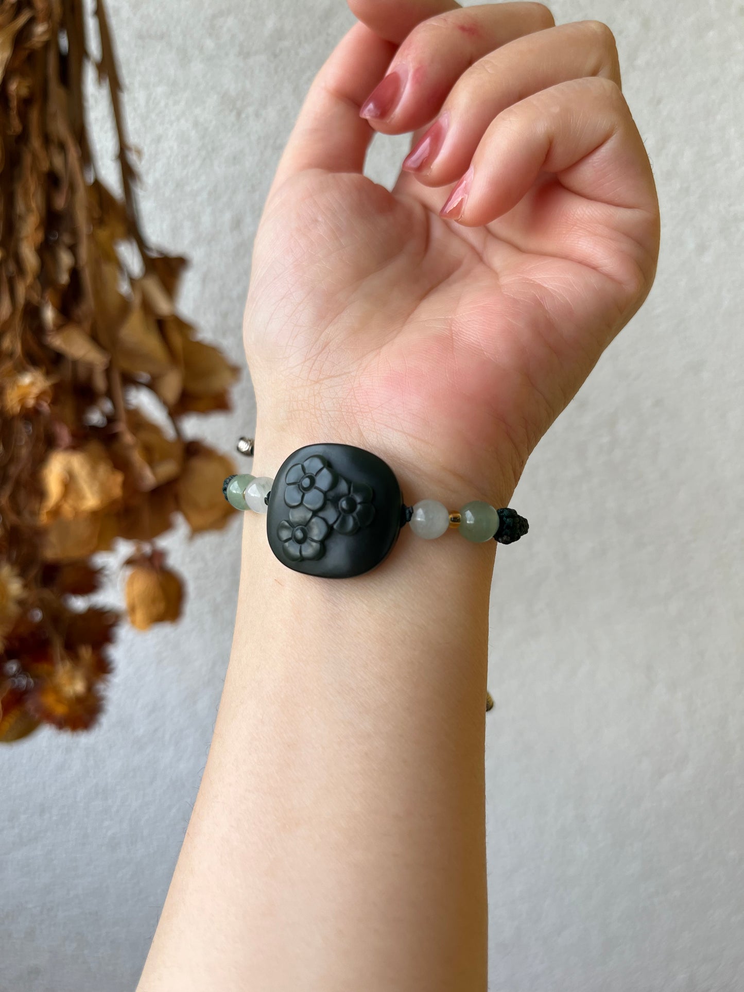 Hand Carved Premium Dark Green (Cyan) Hetian Jade Plum Blossom Set  | 手雕和田青玉一细梅花锁骨，手牌