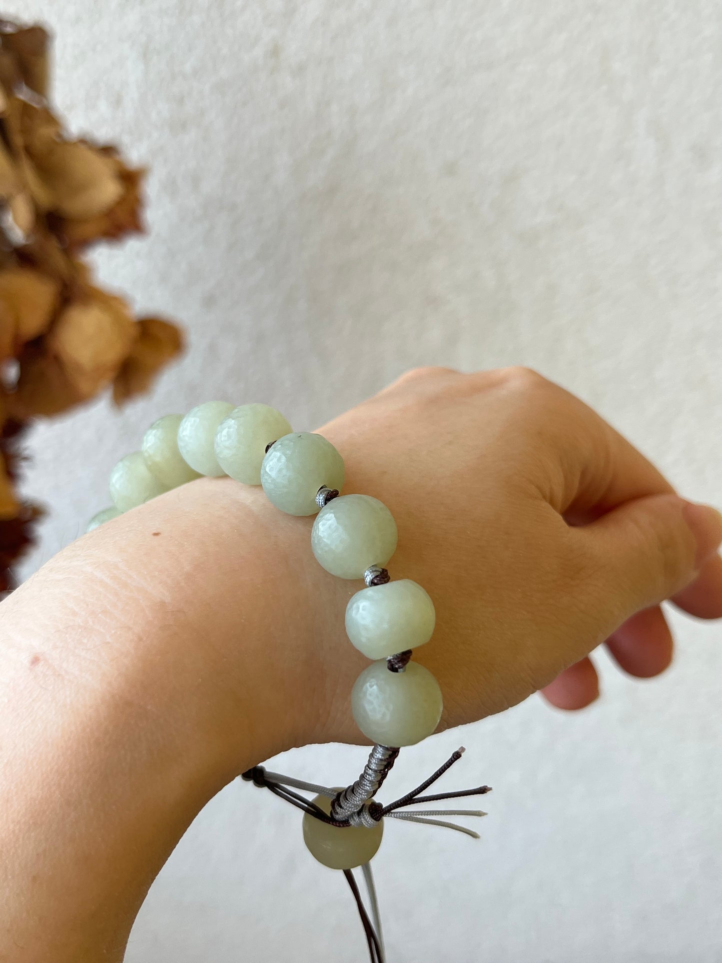 Hand-woven Bracelet with Hand Crafted Hetian Jade Beads (11mm x 9mm), 手编和田玉且末手工老光珠手绳