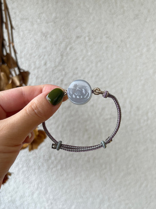 Hand Carved Smoky Purple Hetian Jade Lotus Bracelet | 手雕烟紫荷花手牌