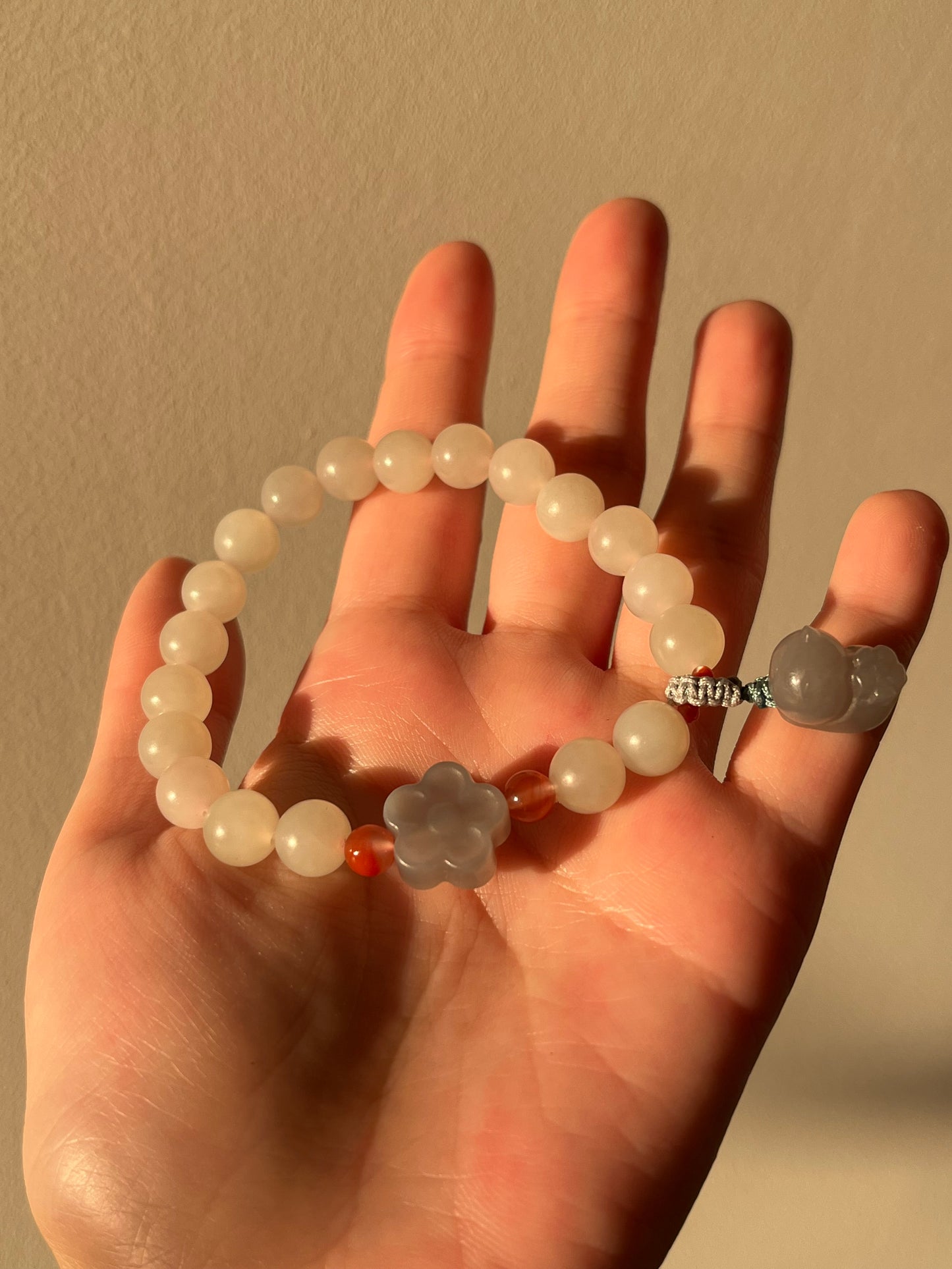 White Hetian Jade Bracelet with 8mm Bead and a Hand Carved Purple Jade Cat