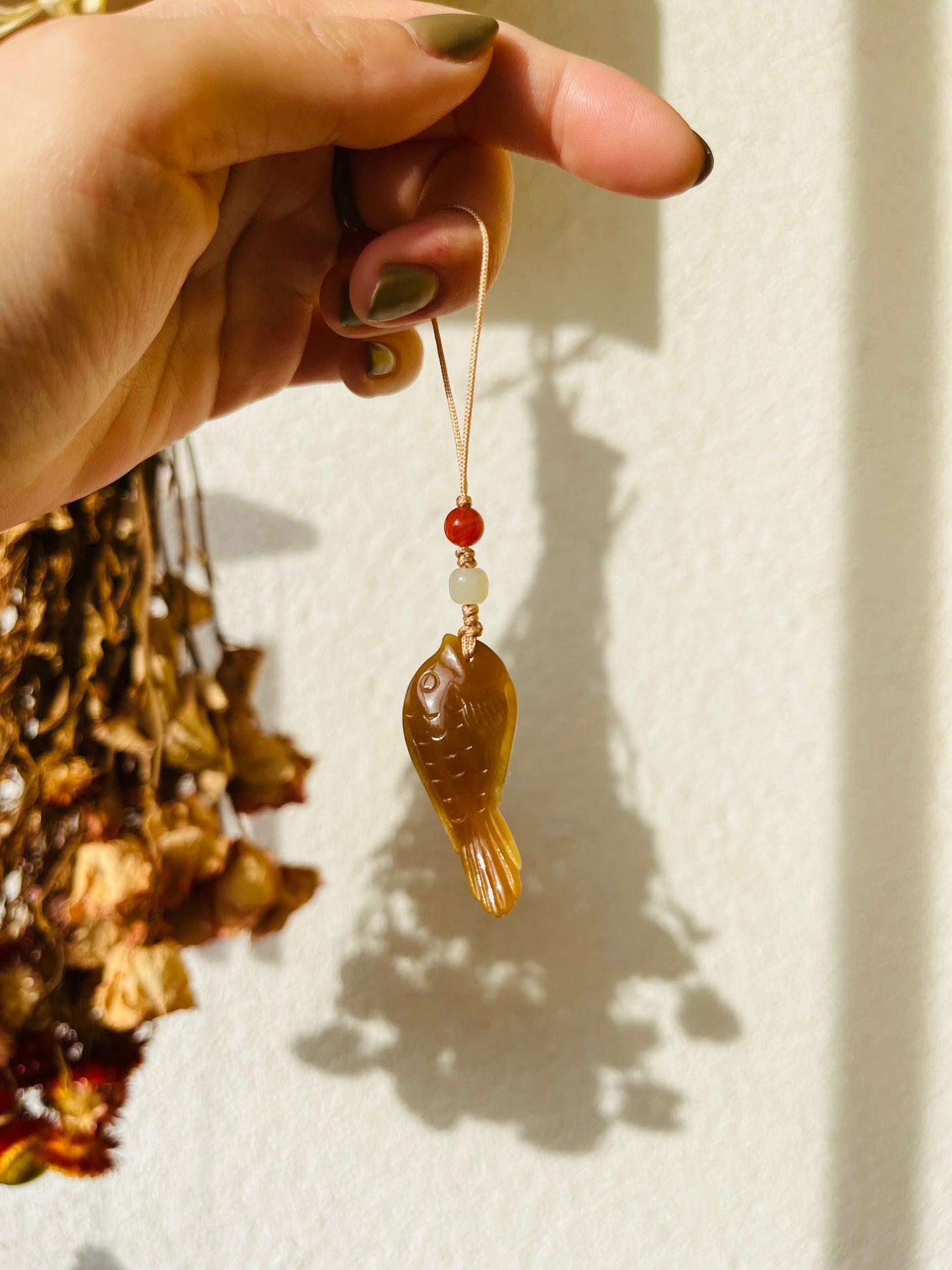 Hand Carved Brown Hetian Jade Fish Phone Charm