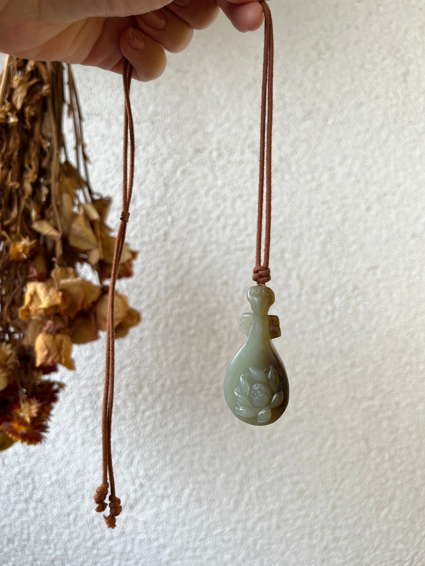 Handmade Necklace with a Hand Carved Blue and Brown Jade Pipa Instrument Pendant
