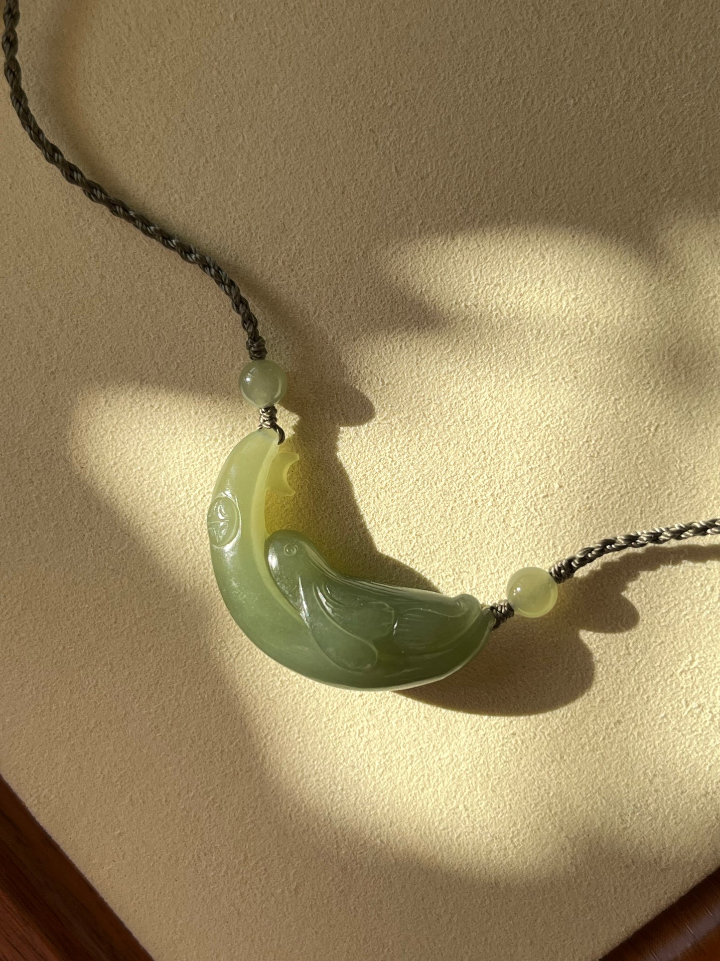 Hand Carved Light Green Hetian Jade Rabbit on the Moon Pendant