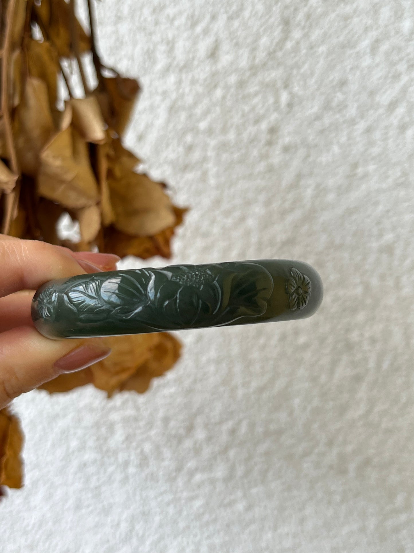 Dark Green Peony Flower Carving Bangle 53mm | 和田深湖水绿牡丹镯