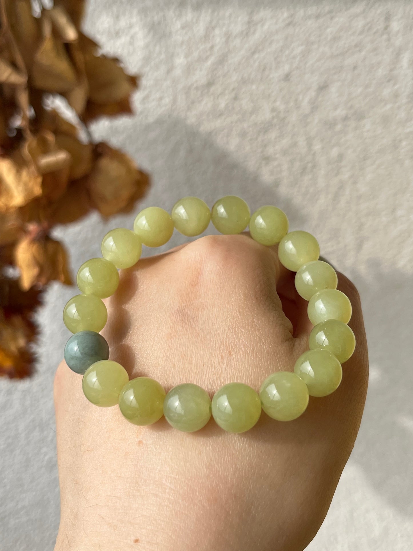 Yellow Hetian Jade Bracelet 10mm | 和田黄口带蓝皮珠手串