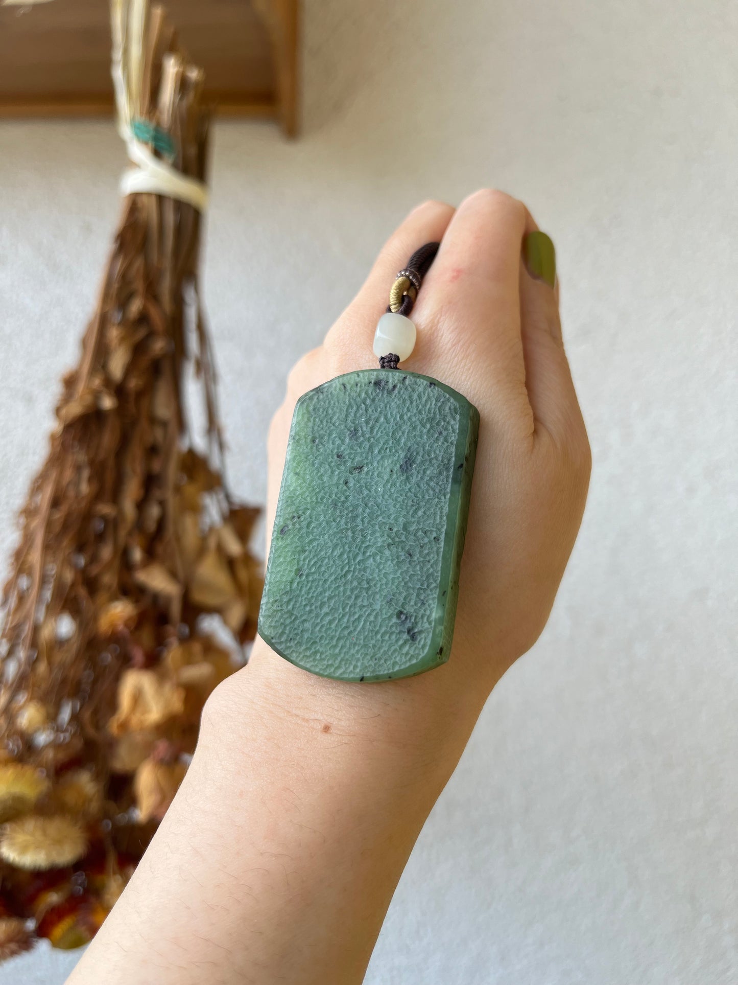 Antique-style Green Hetian Jade Flat Pendant Necklace, 古风碧玉无事牌