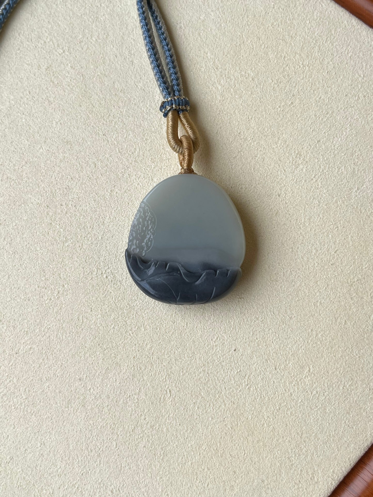 Hand Carved Hetian Jade Gray and White Lotus Pendant | 和田青花荷花牌