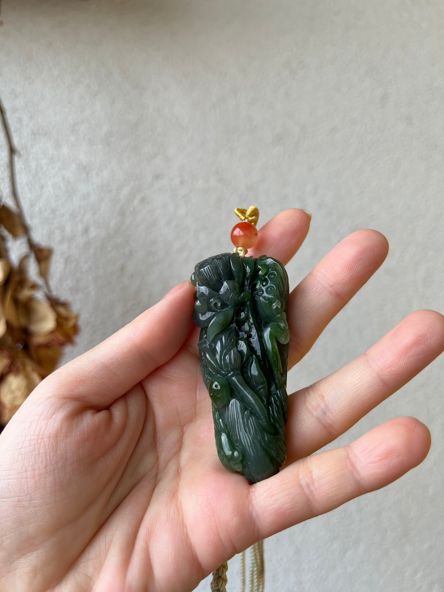 Hand Carved Green Hetian Jade Fish and Lotus Pendant, 手雕碧玉荷花鱼手把件