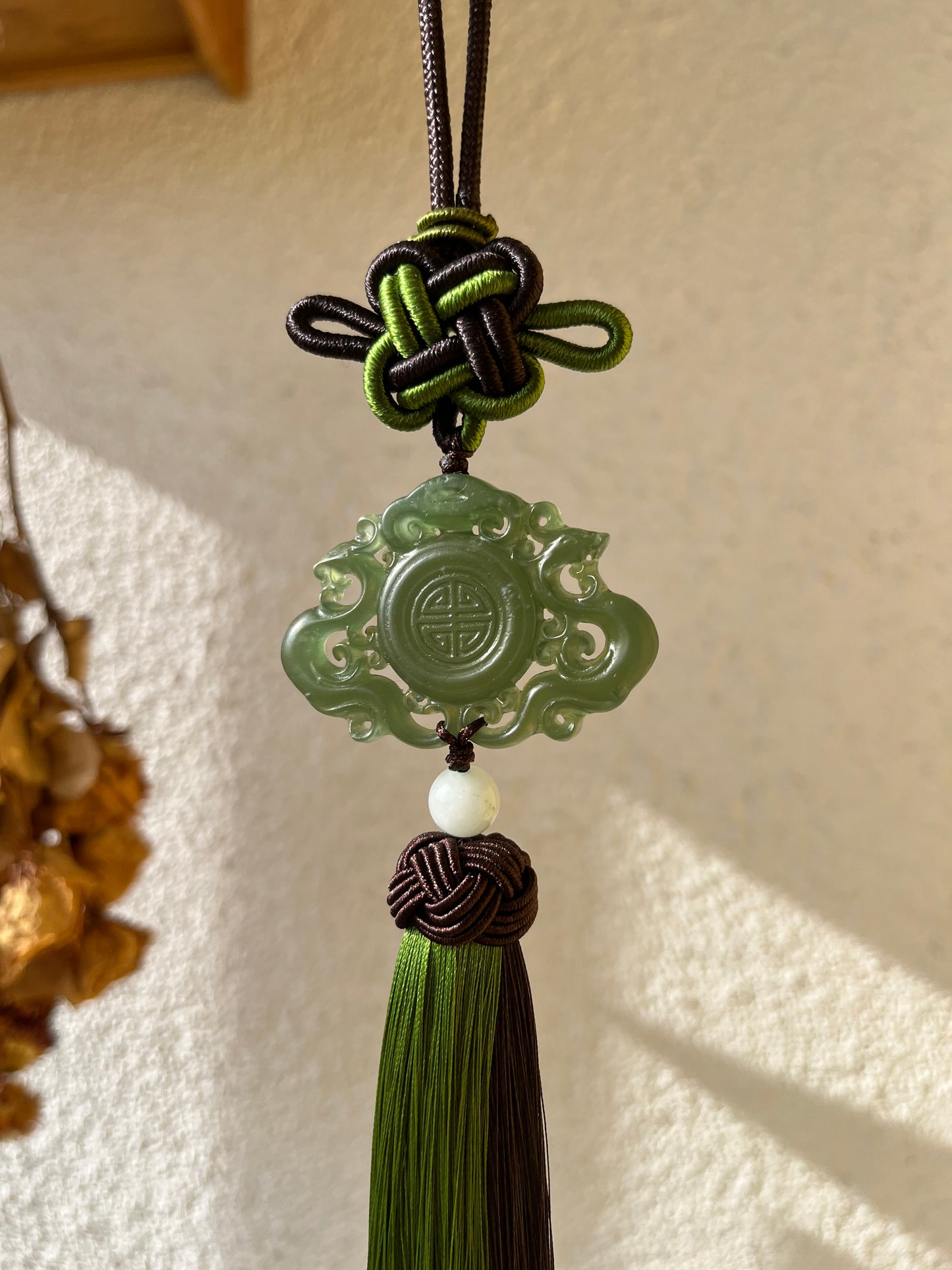 Xiu Jade Dragon and Phoenix Auspicious Pendant Car Hanging | 岫玉龙凤呈祥玉佩车挂