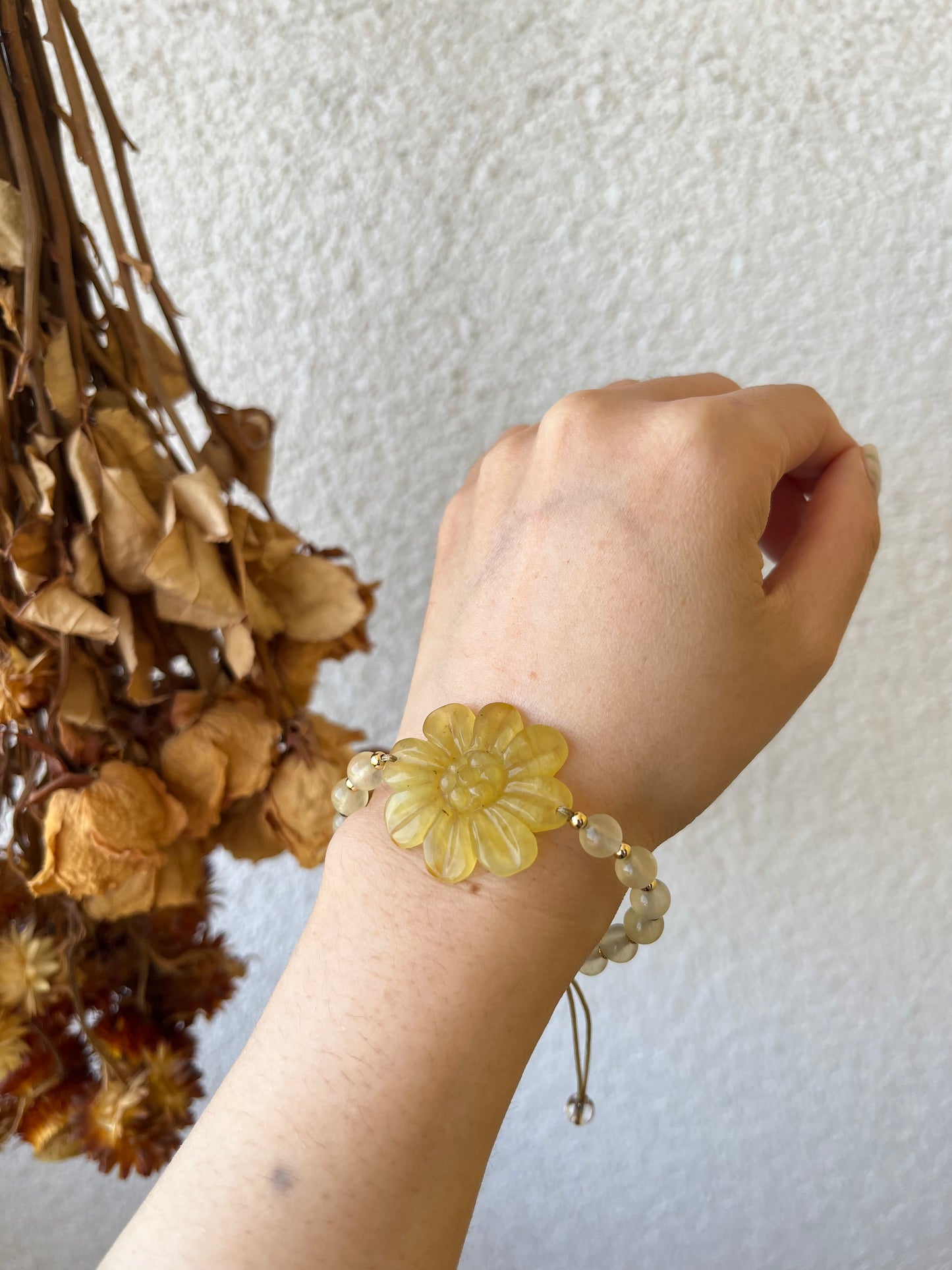 Bracelet Crafted from Hand Carved Xiu Jade Daisy