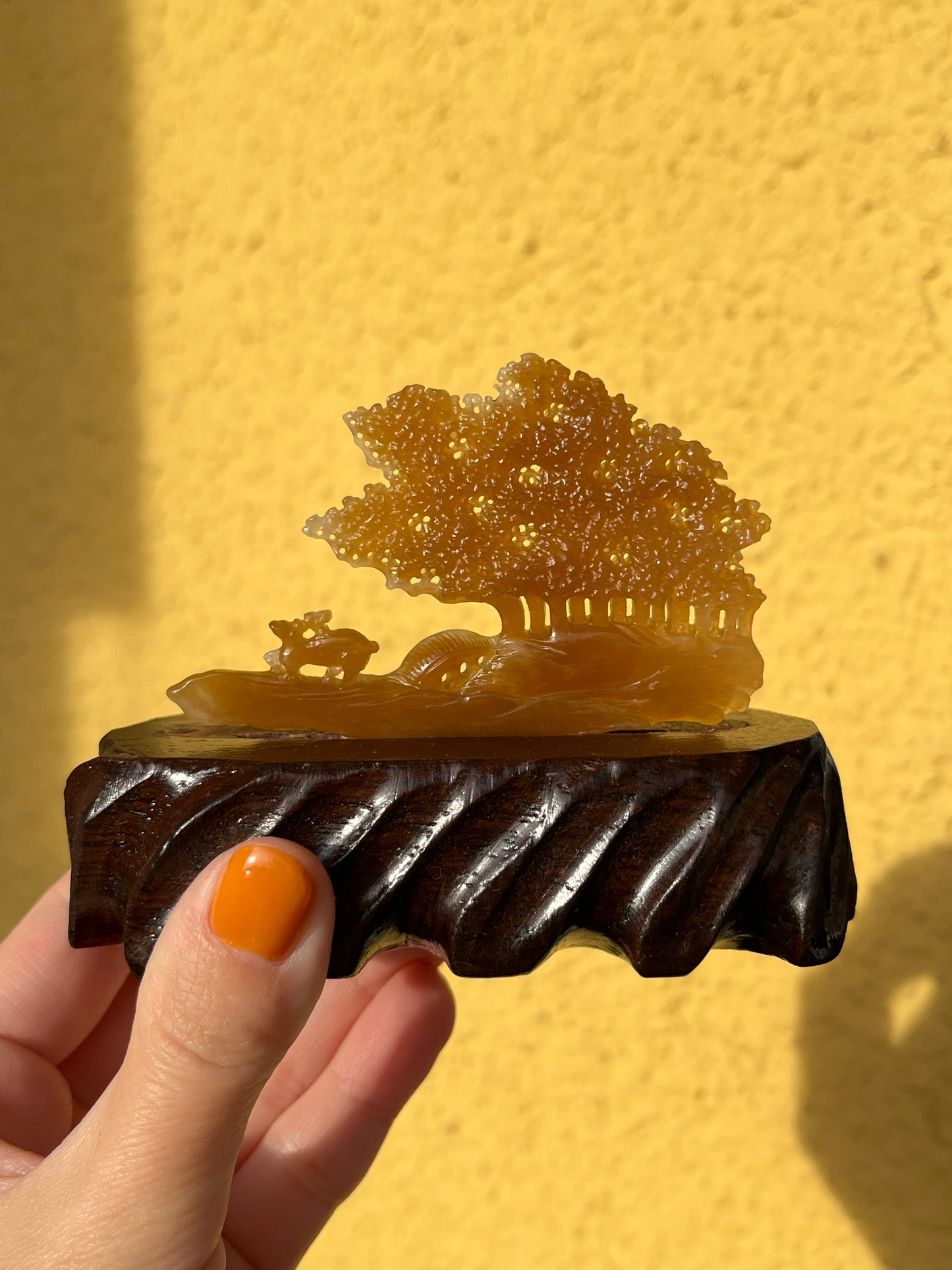 Hand Carved Brown Hetian jADE Deers and Tree Ornament, 手雕和田糖玉小鹿（一路有你）摆件