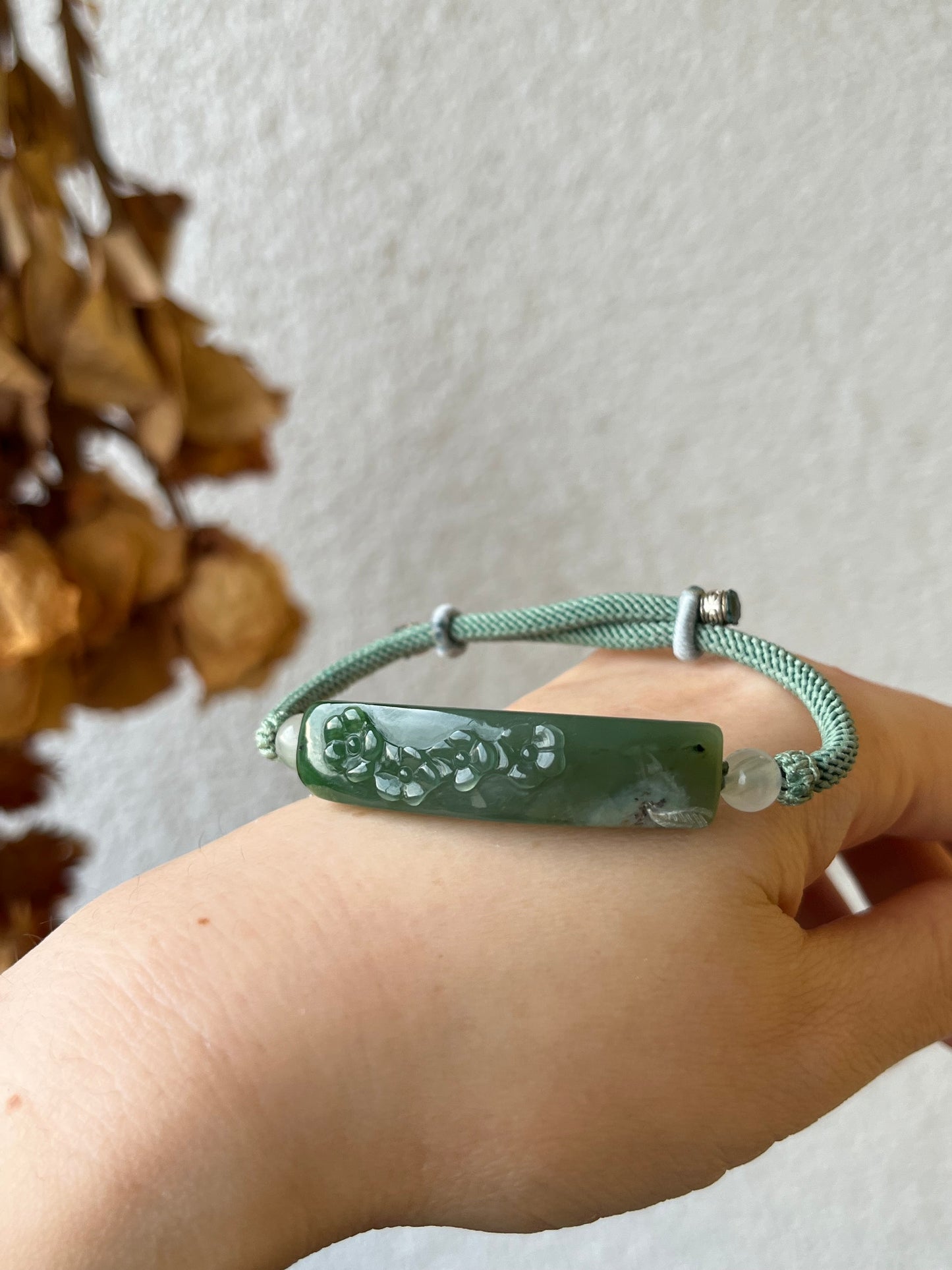 Handmade Bracelet Crafted from Hand Carved Green Hetian Jade Plum Blossom | 碧玉梅花手牌
