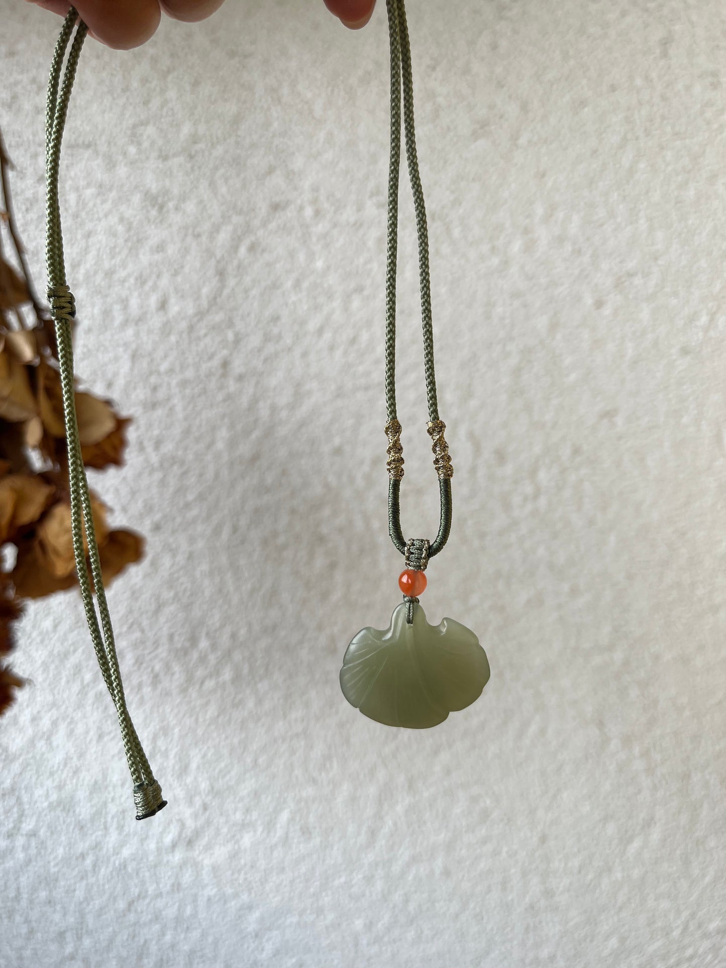 Hand Carved Green Hetian Jade Ginkgo Leaf