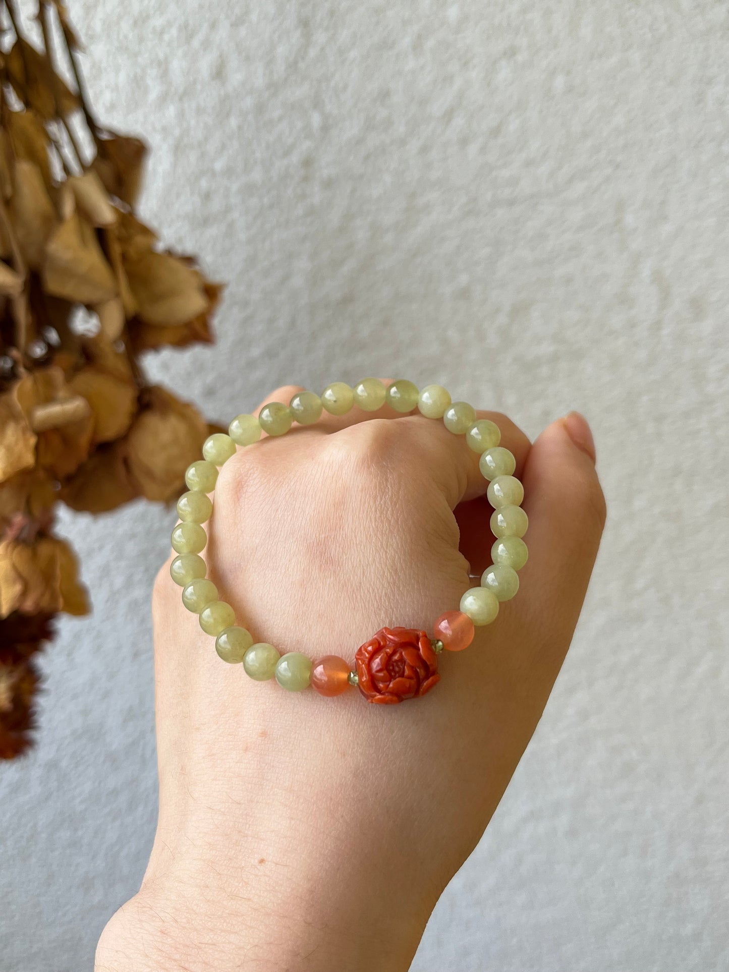 Bracelet with 6mm Hetian Jade Beads and a Nahong Agate Peony Flower