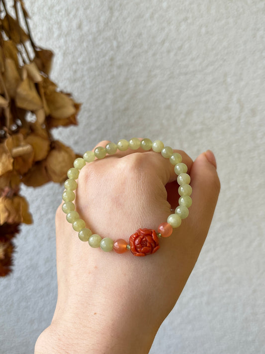 Bracelet with 6mm Hetian Jade Beads and a Nahong Agate Peony Flower