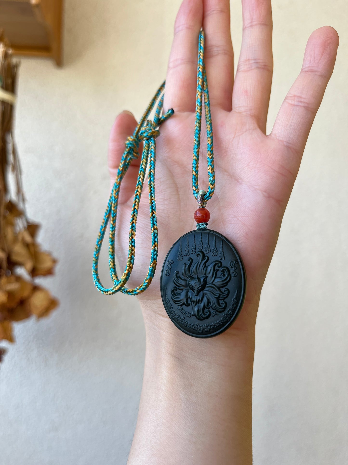 Carved Dark Cyan Hetian Jade Nine-Tailed Fox Pendant, 青玉九尾狐