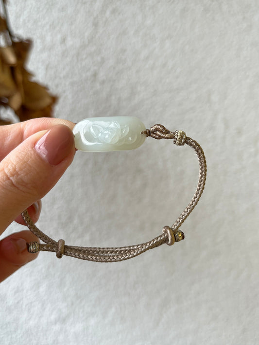 Handmade Bracelet Crafted from a Hand Carved White Hetian Jade Lotus flower Pendant