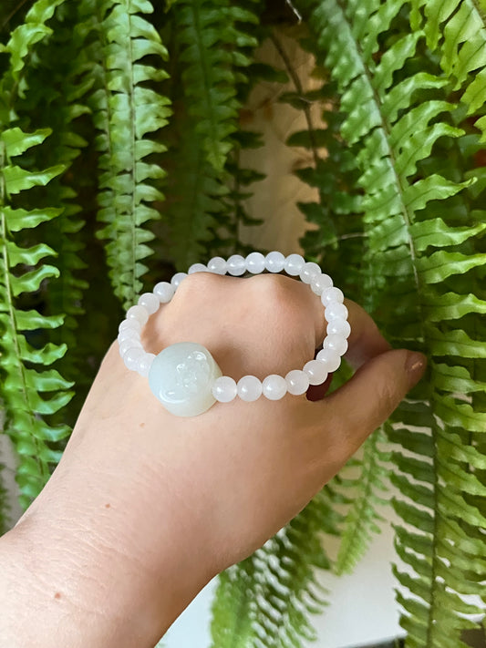 White Hetian Jade Bracelet with a Hand Carved Lotus Pendant and 6mm Beads