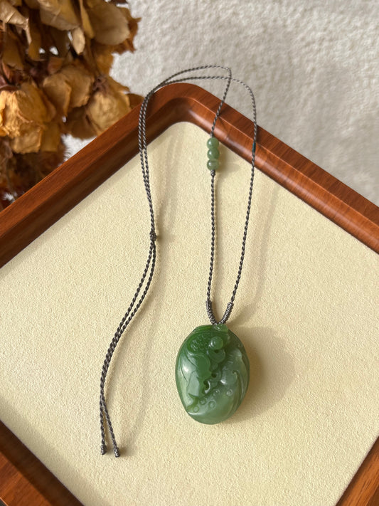 Hand Carved Green Hetian Jade Koi Fish and Lotus Leaf | 手雕碧玉白加绿荷叶金鱼