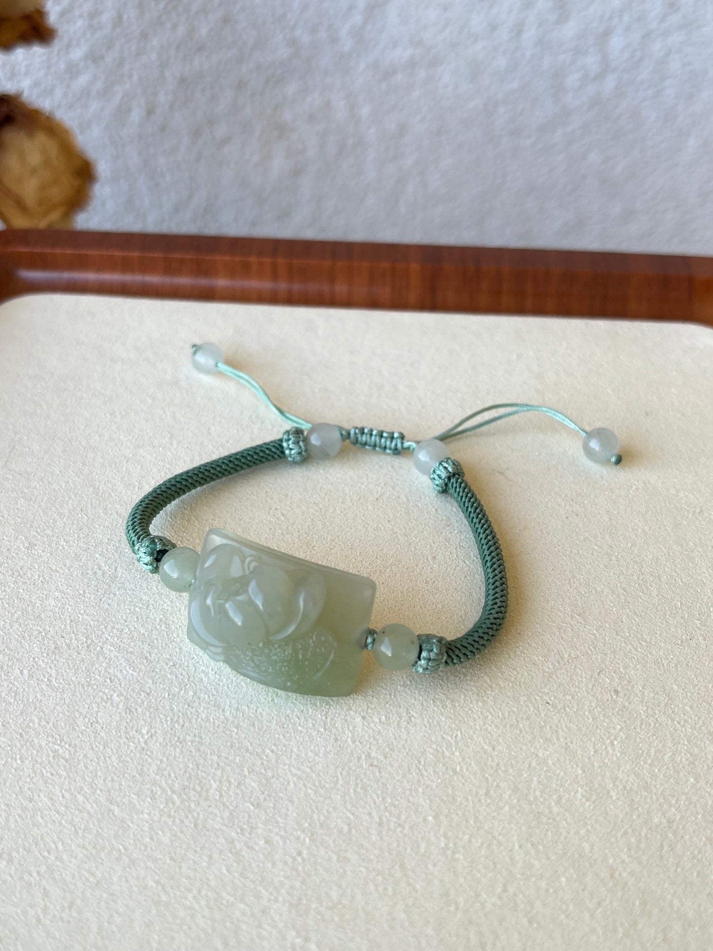 Bracelet Crafted from a Hand Carved Hetian Jade Lotus  | 和田微带翠荷花牌