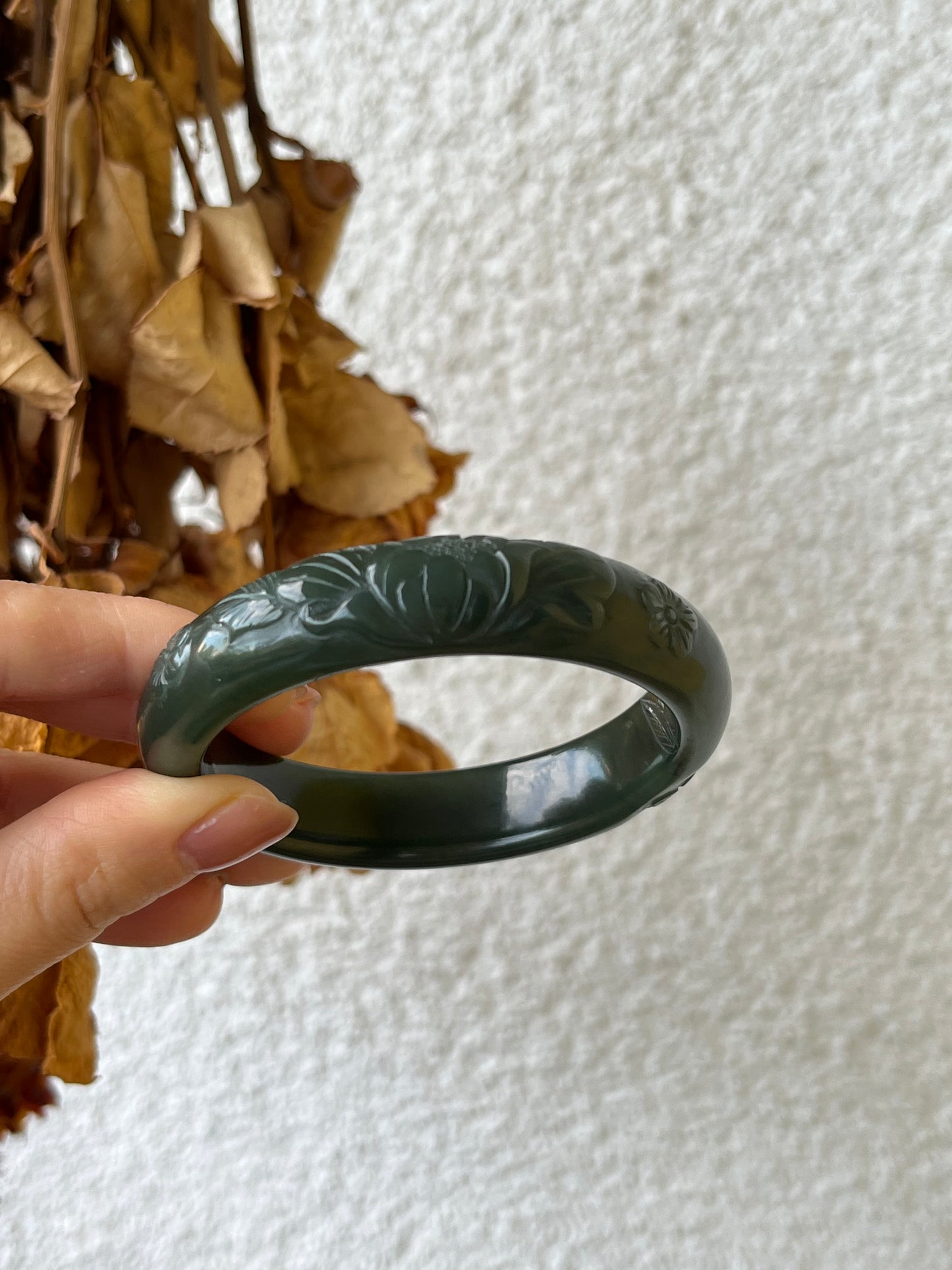 Dark Green Peony Flower Carving Bangle 53mm | 和田深湖水绿牡丹镯
