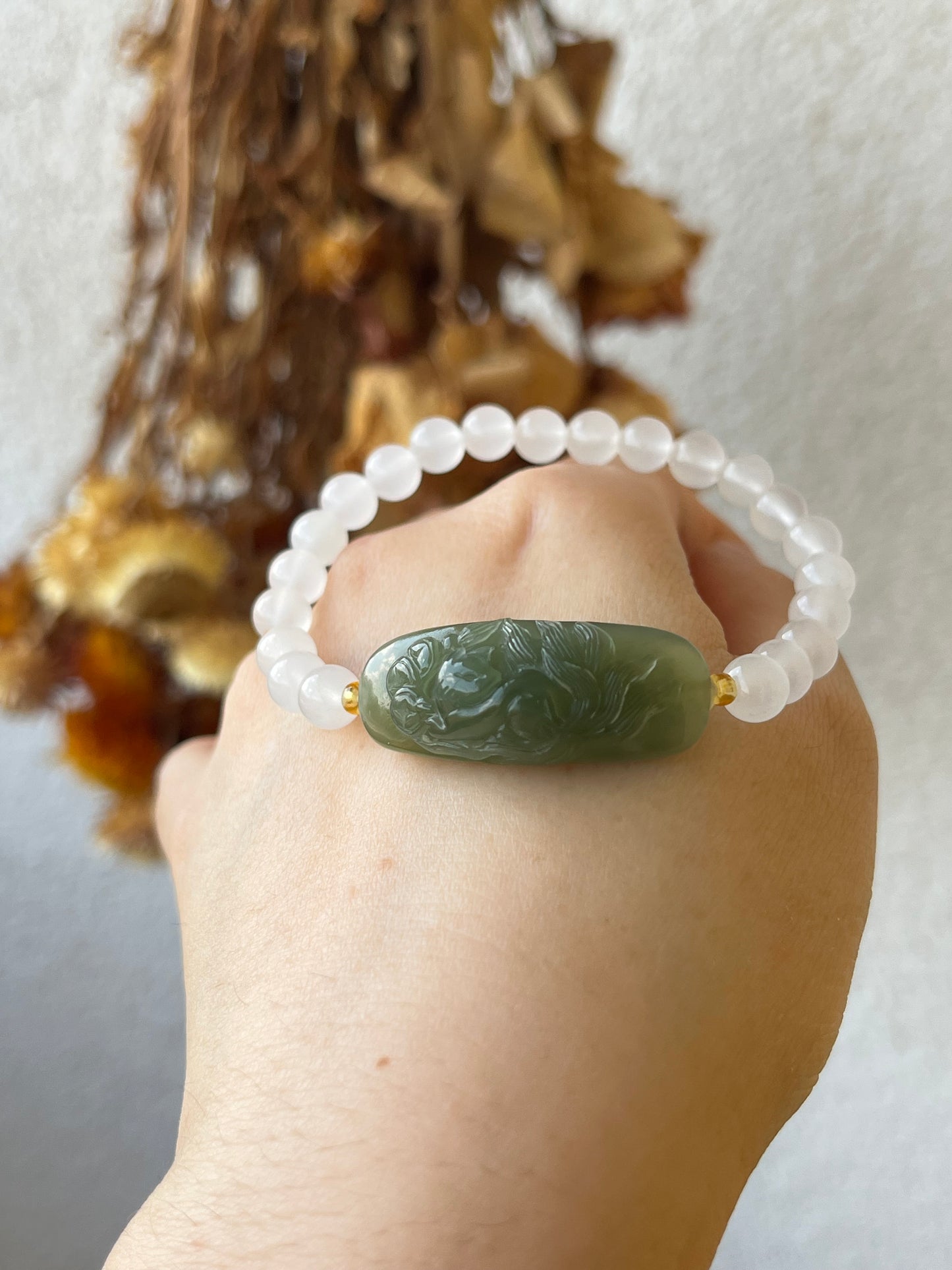 Handmade Bracelet with a Hand Carved Green Hetian Jade Nine Tailed Fox Pendant