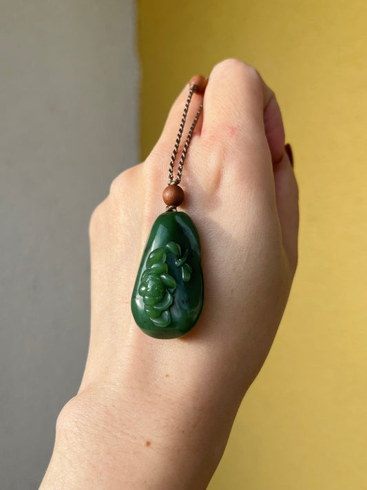 Handmade Necklace with a Hand Carved Green Hetian Jade Lotus and Dragonfly Pendant