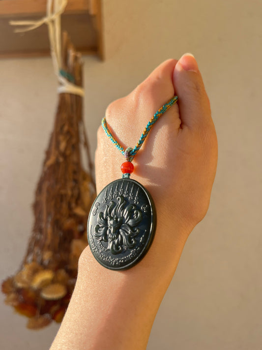 Carved Dark Cyan Hetian Jade Nine-Tailed Fox Pendant, 青玉九尾狐