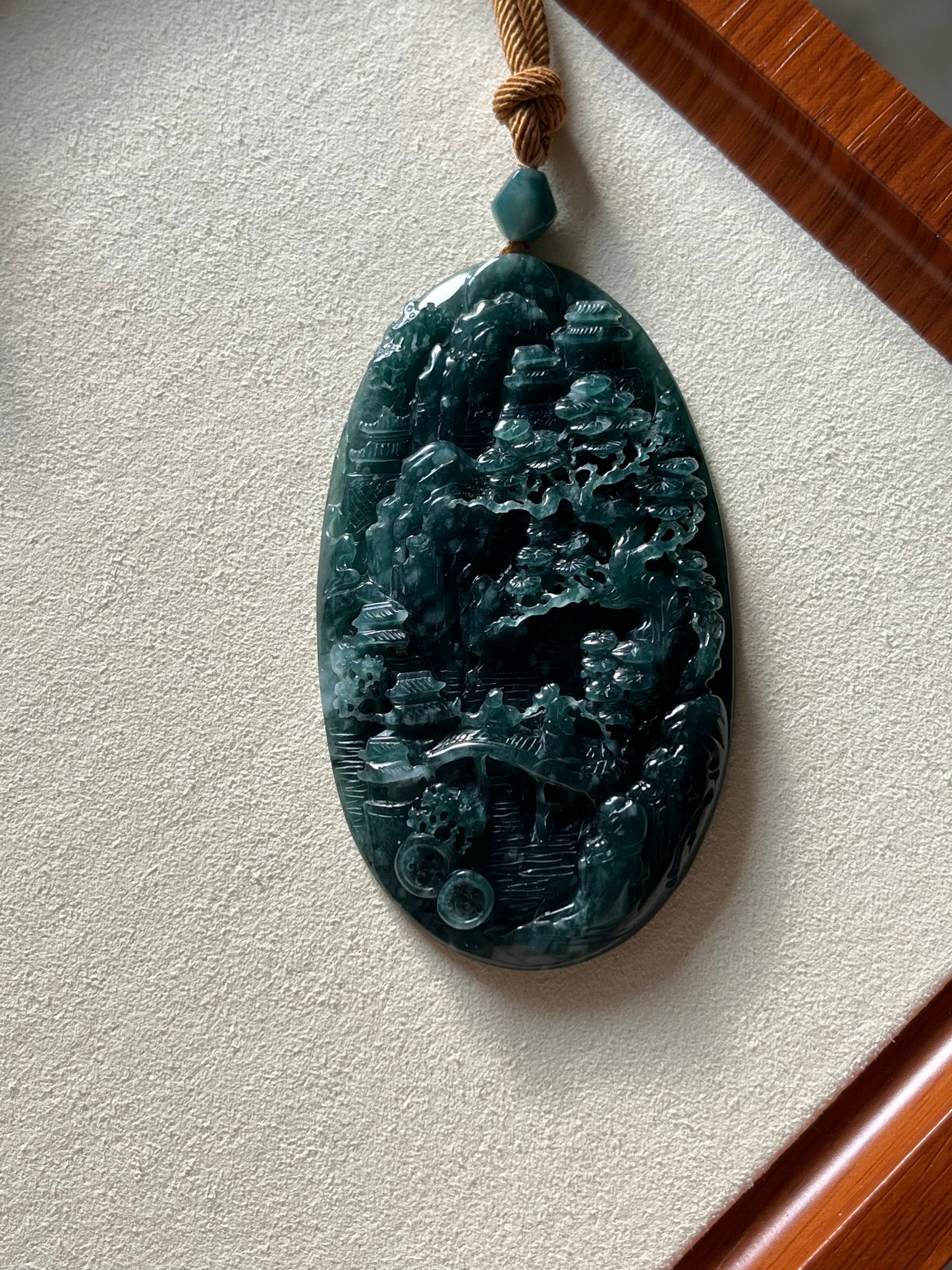 Hand Carved Blue Jadeite Landscape Pendant | 精工蓝水翡翠山水