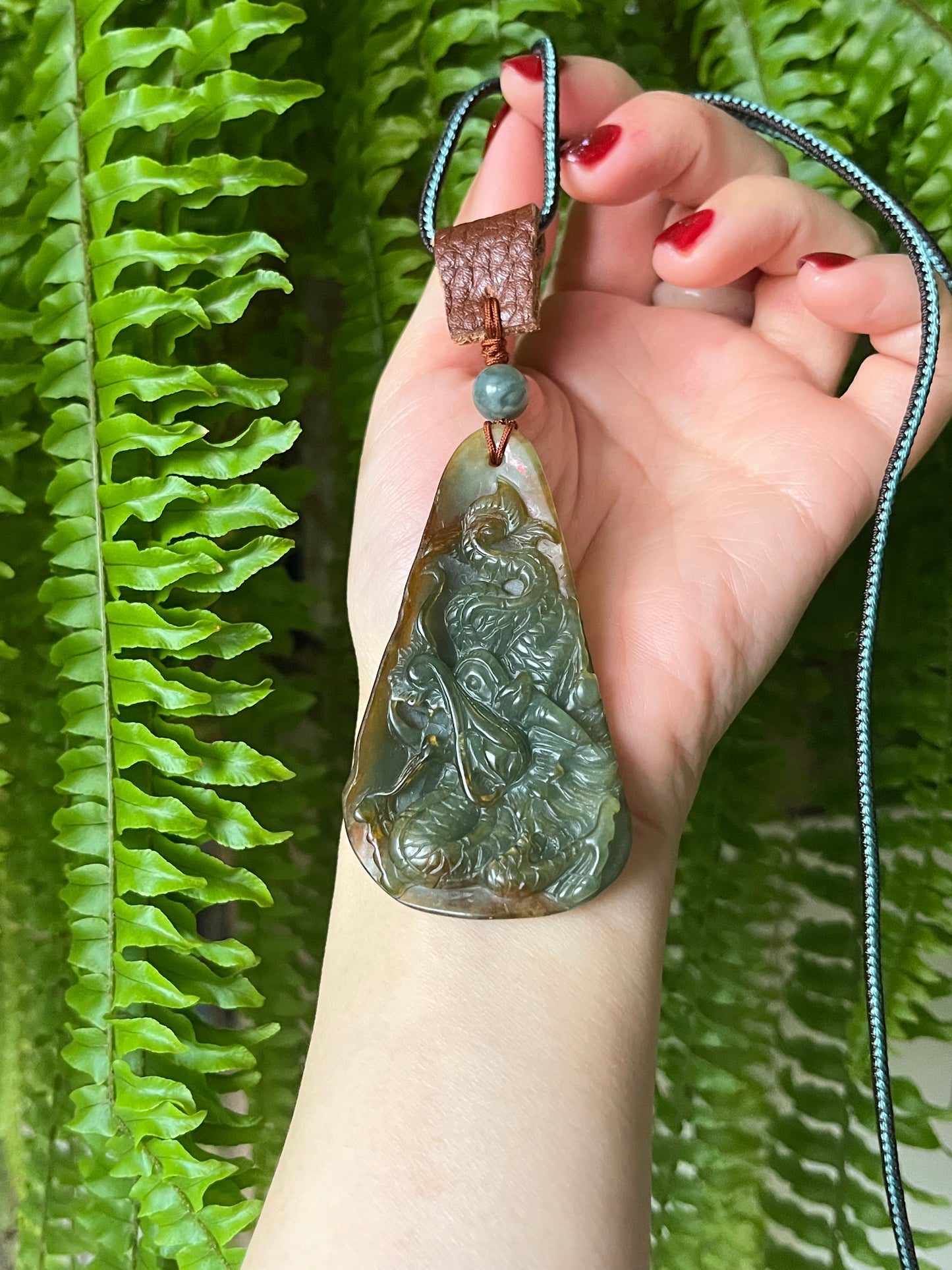 Blue and Brown Xiu Jade Dragon Necklace | 岫玉龙牌