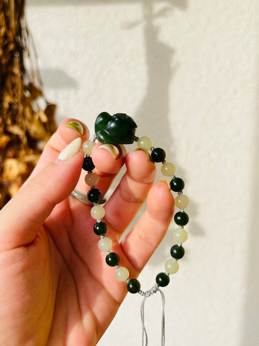 Handmade Bracelet with 6mm Green and Yellow Hetian Jade Beads and Hand Carved Green Hetian Jade Cat