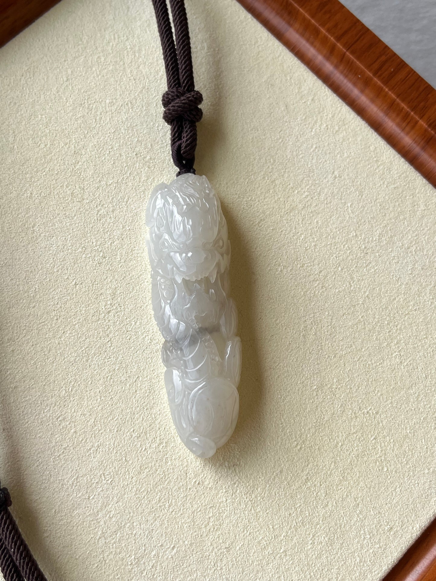 Hand Carved Icy Gray Hetian Jade Dragon Pendant | 手雕和田玉龙牌