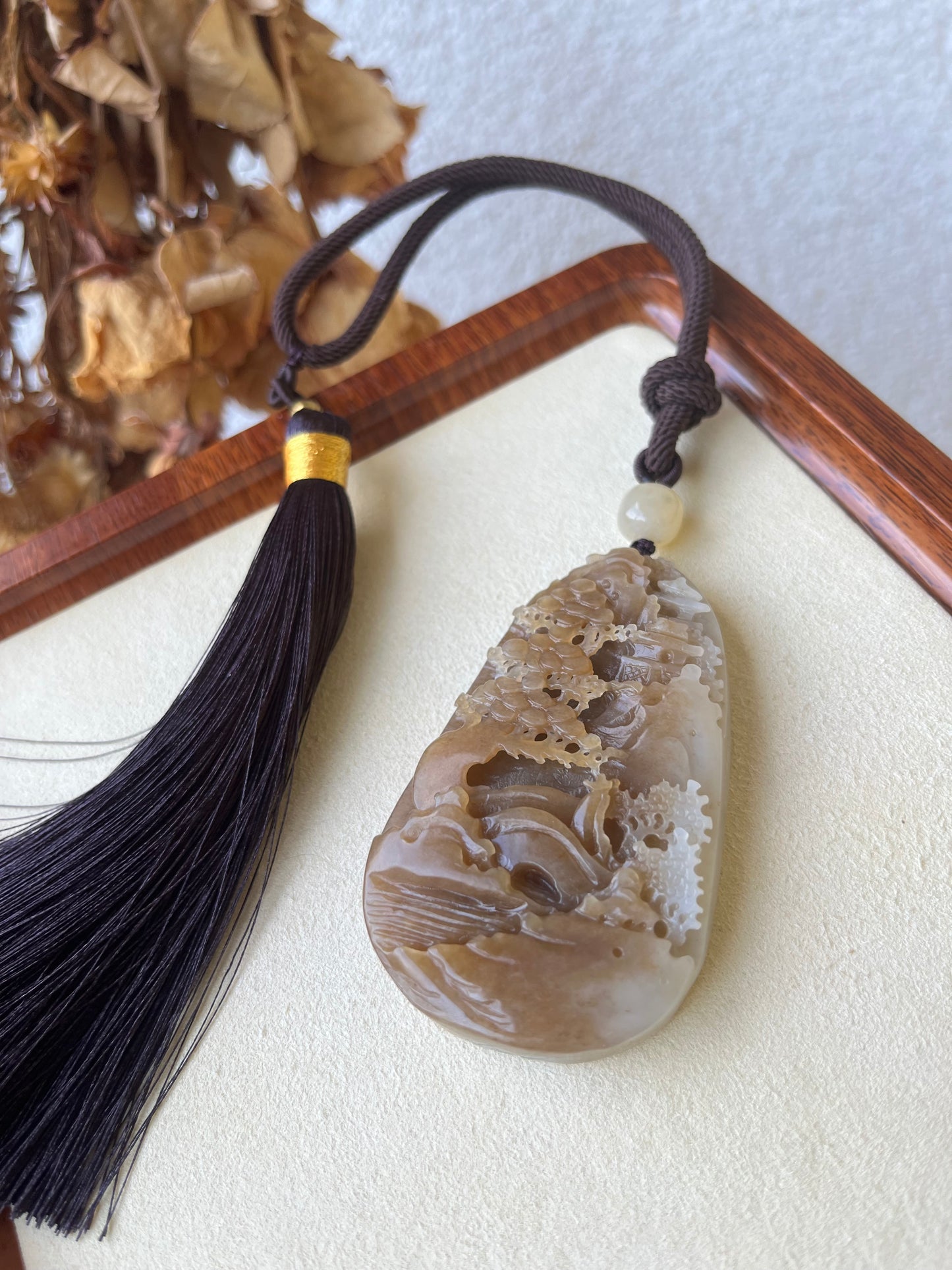 Hand Carved Brown and White Hetian Jade Landscape Pendant | 手雕糖白和田玉山水手把件