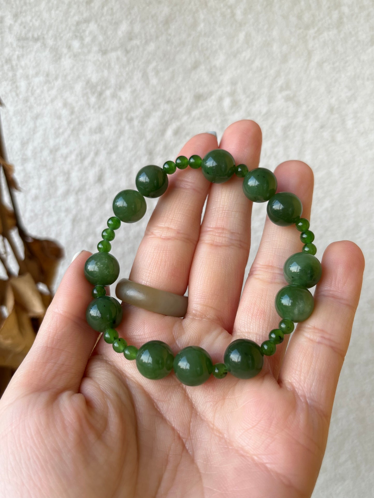 Green Hetian Jade Beaded Bracelet, 10mm & 4mm
