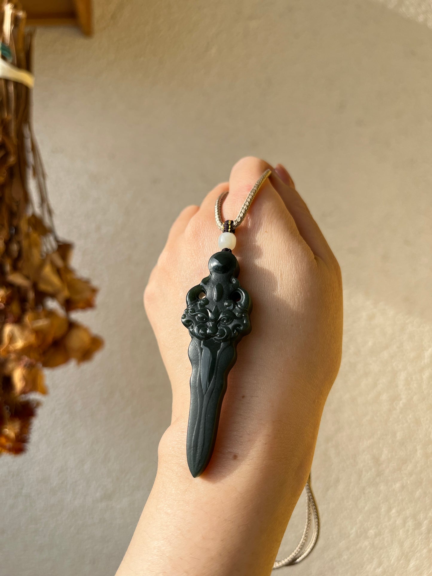 Carved Dark Cyan Hetian Jade Pixiu Sword Pendant, 青玉细料貔貅剑