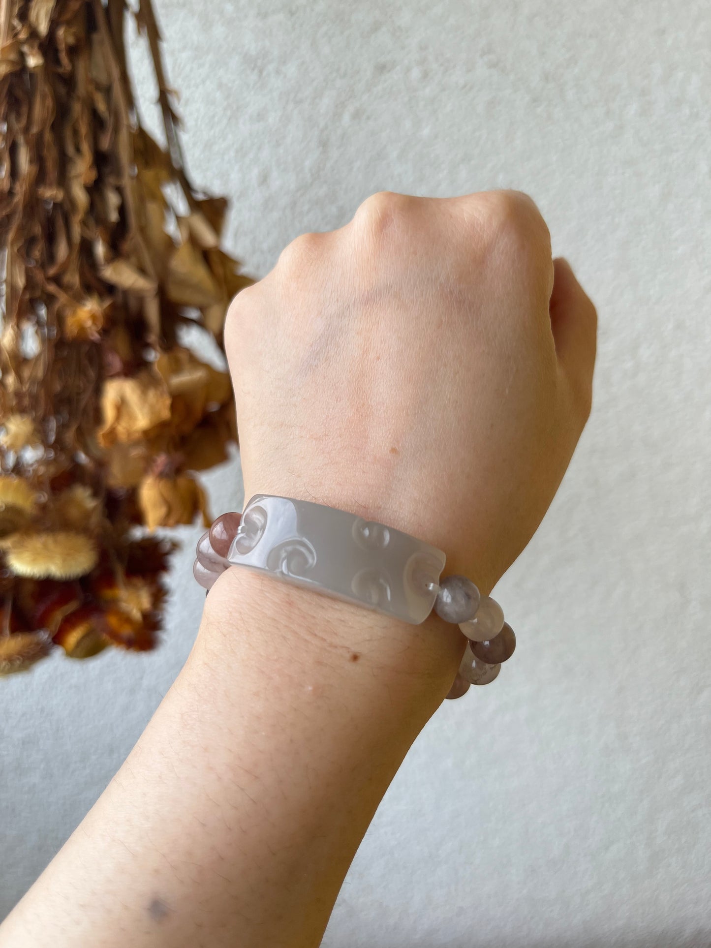 Bracelet Crafted from a Hand Carved Ruyi Pattern Purple Hetian Jade Pendant | 和田冰胶烟紫手牌