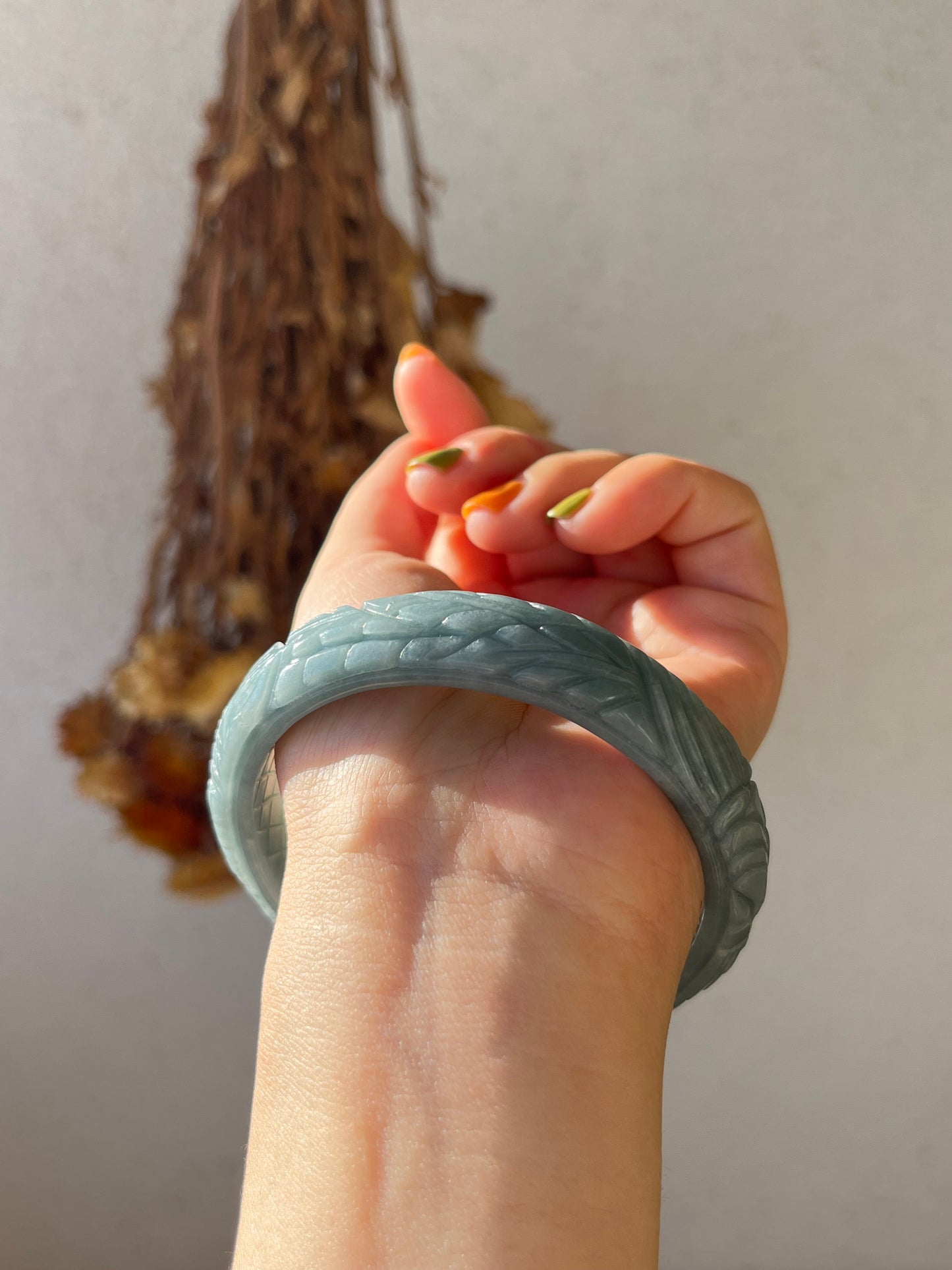 Sky Blue Jadeite Carved Bangle 60mm, Phoenix Motif | 天空蓝翡翠凤凰雕刻手镯