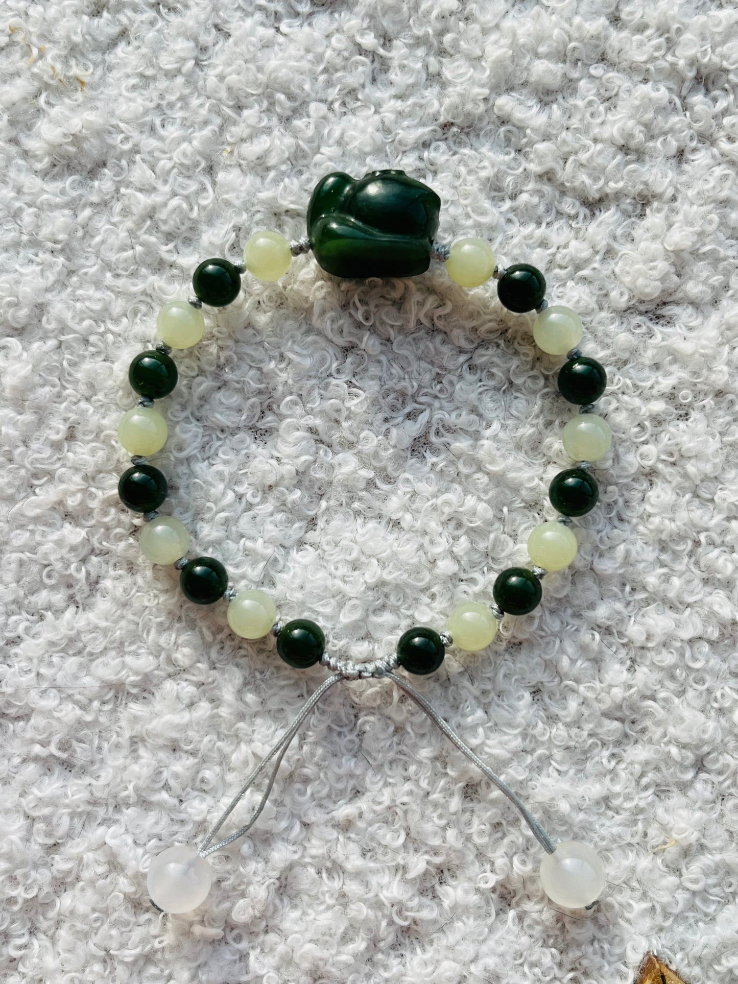 Handmade Bracelet with 6mm Green and Yellow Hetian Jade Beads and Hand Carved Green Hetian Jade Cat