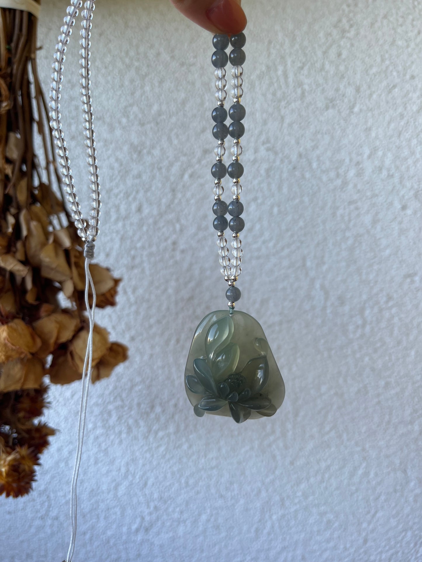 Hand Carved Icy Gray Xiu Jade Lotus Necklace