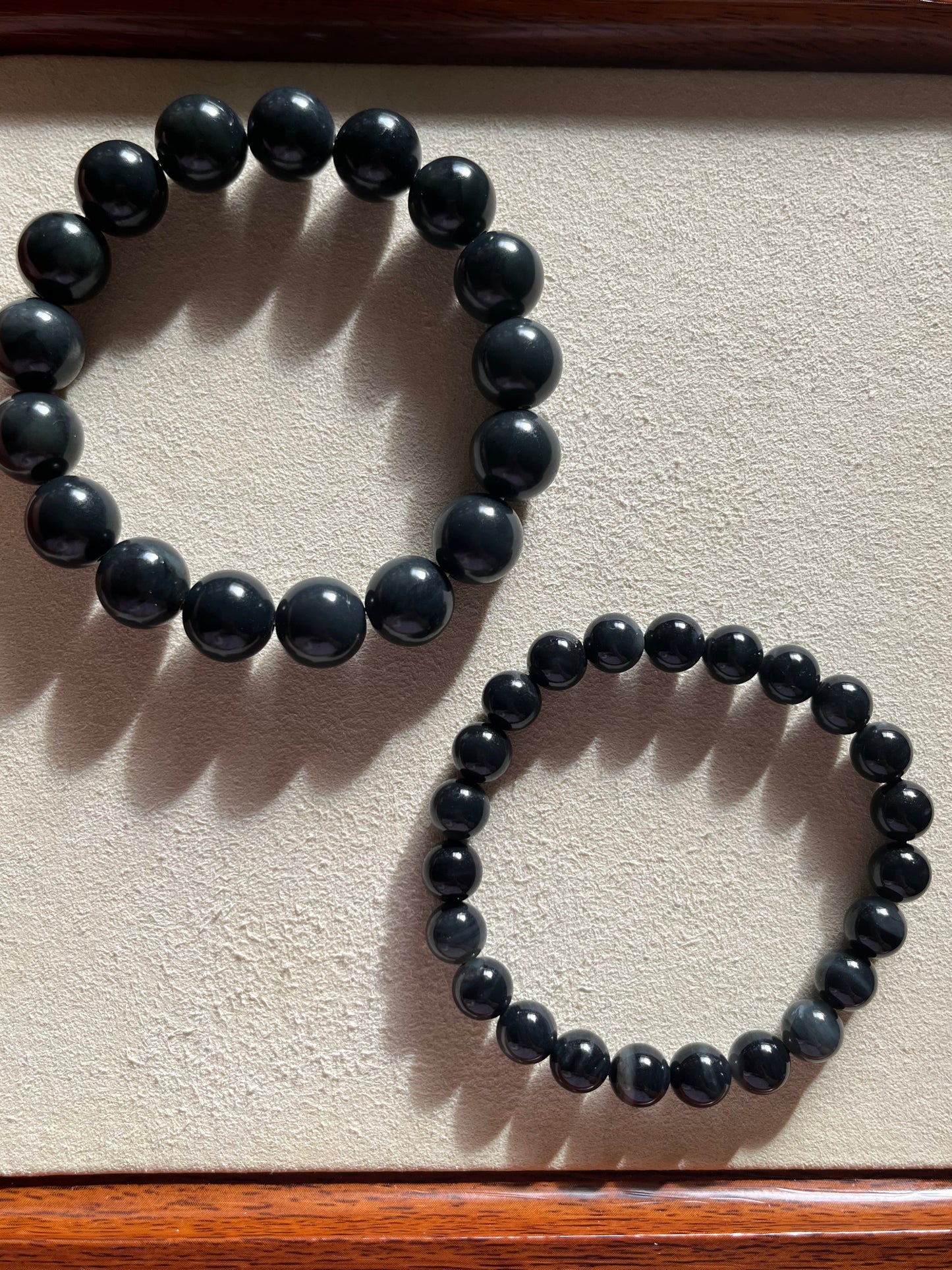 Dark Gray Qinghua Hetian Jade Beaded Bracelets 12mm, 8mm | 和田聚墨青花手串