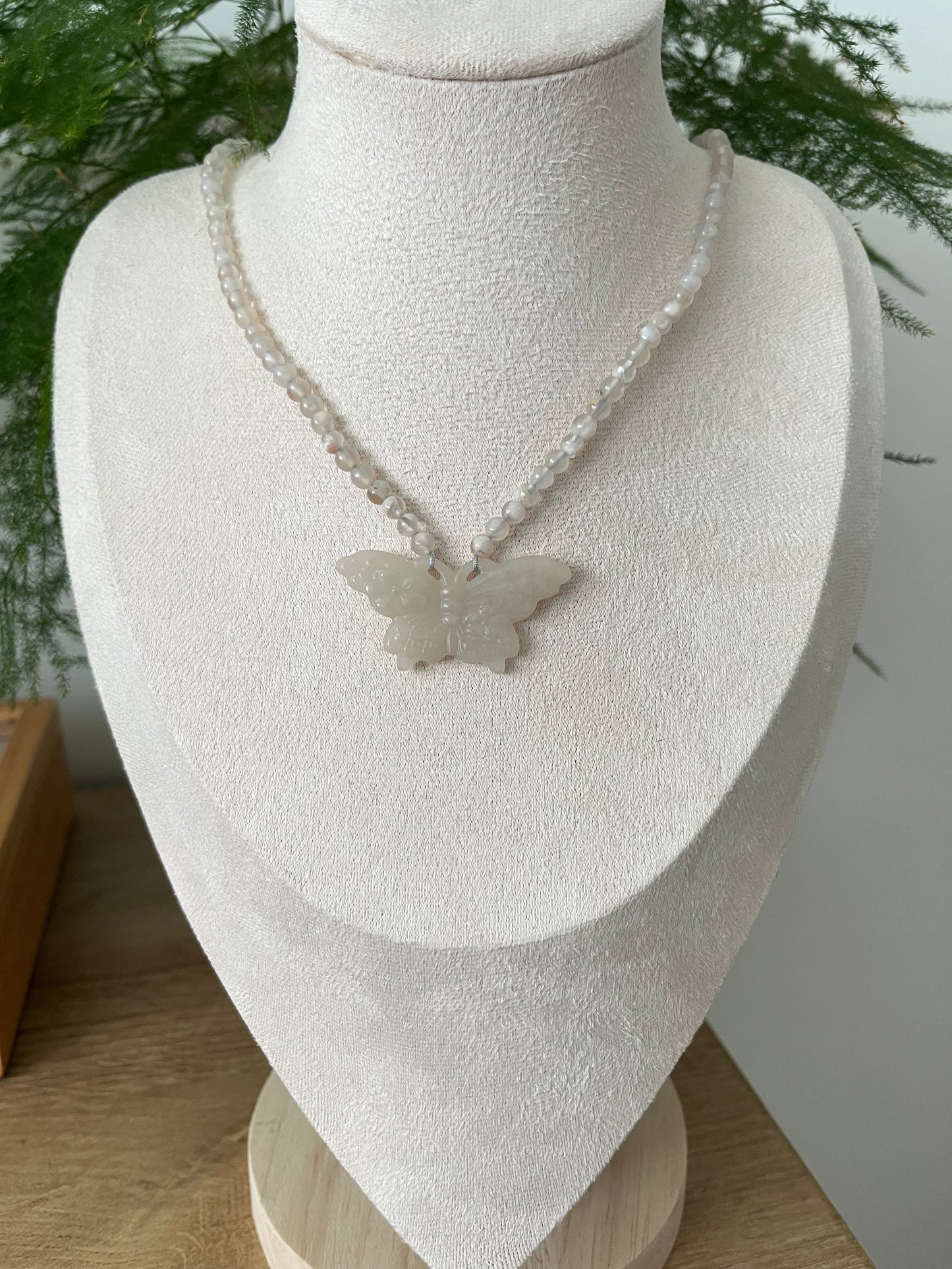 Handmade Necklace with Carved Hetian Jade Butterfly and 4mm Sakura Agate Beads